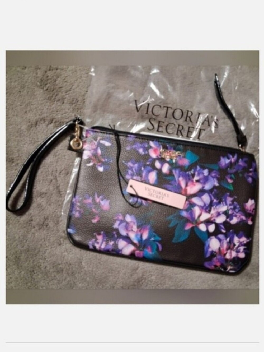 Victoria's Secret Wristlet Clutch Pouch Purple/Pink Floral Zip NWT
